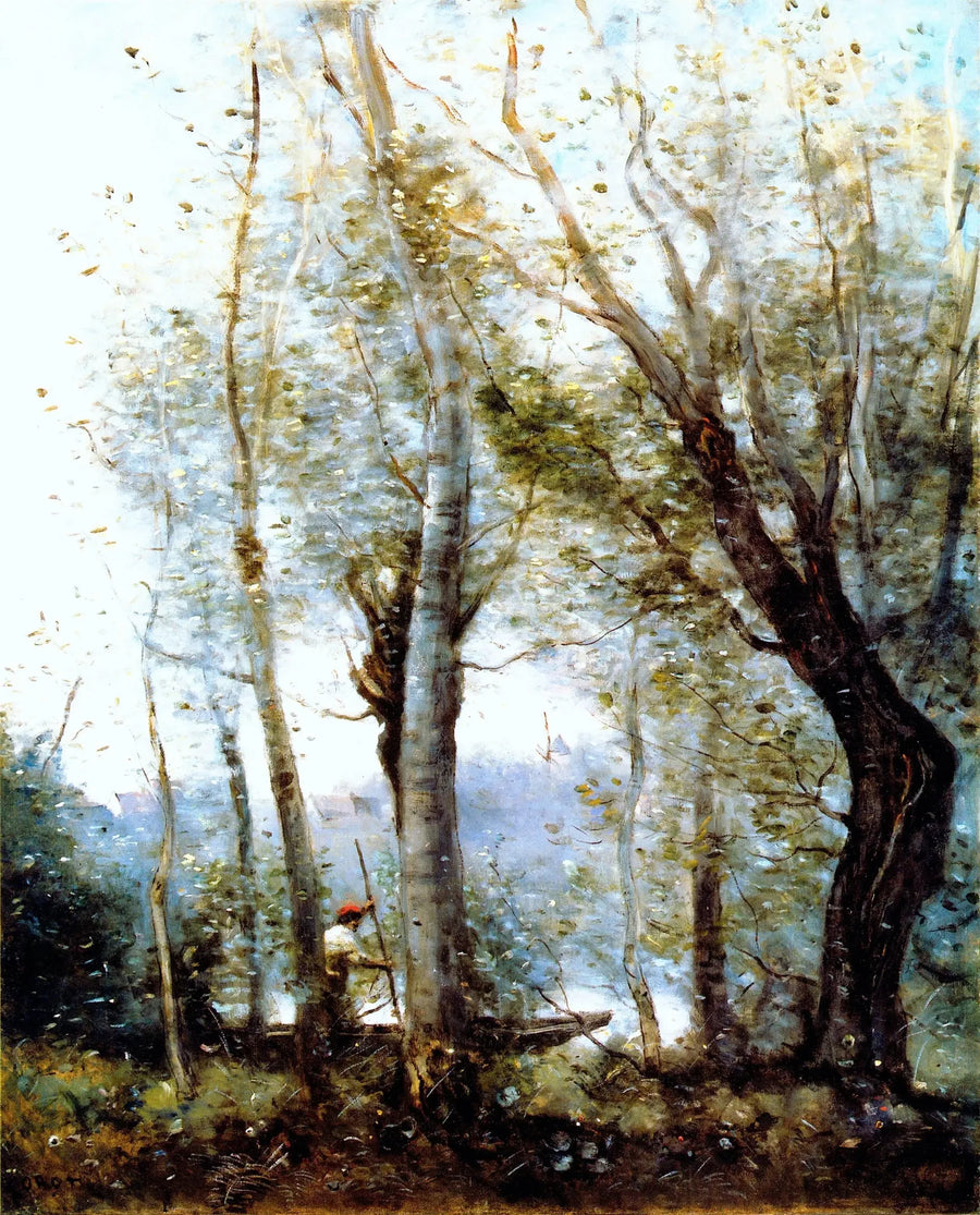 Båtføreren som passerer bak trærne ved bredden - Jean-Baptiste Camille Corot