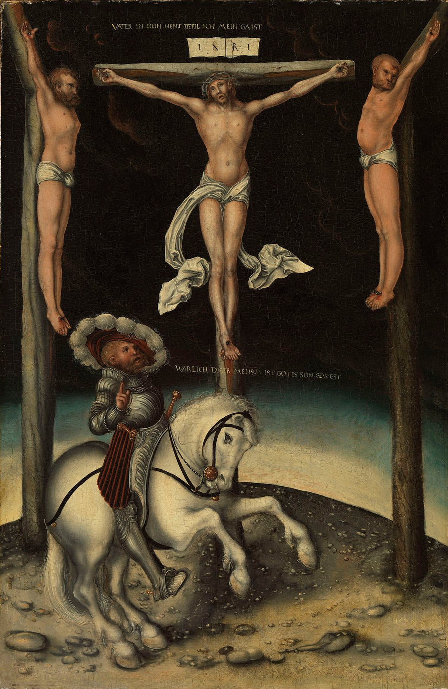 Centurion Longin blant krossene til Kristus og de to røverne - Lucas Cranach den eldre