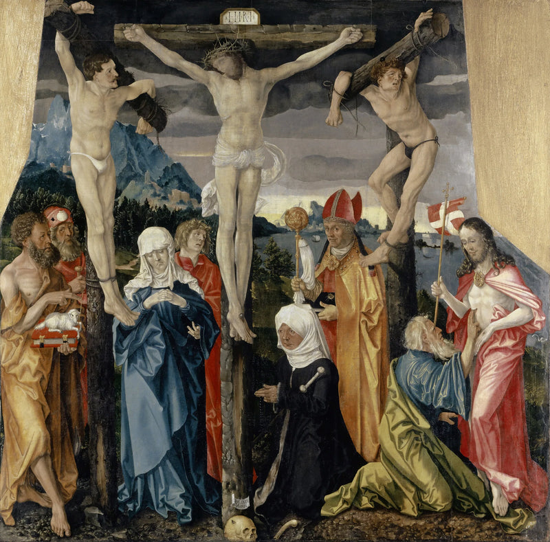 Kristus på korset med de to røverne, helgener og en donator - Hans Baldung Grien