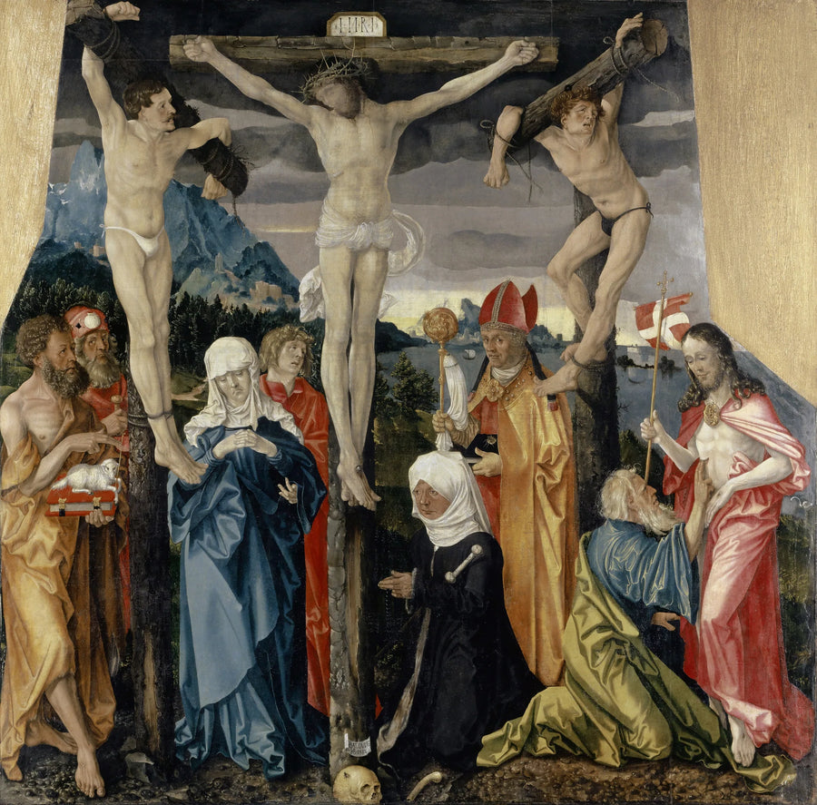 Kristus på korset med de to røverne, helgener og en donator - Hans Baldung Grien