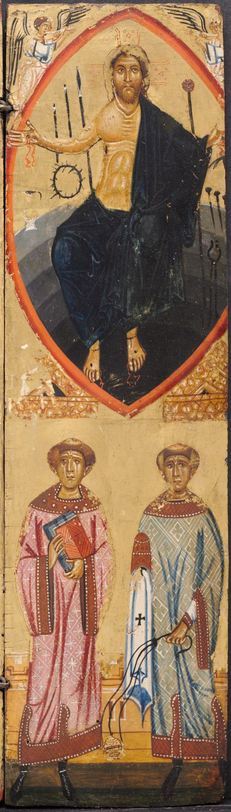 Kristus i en mandorla, med lidelsens instrumenter, med Saint Stefan og Saint Laurent nedenfor - Berlinghiero Berlinghieri