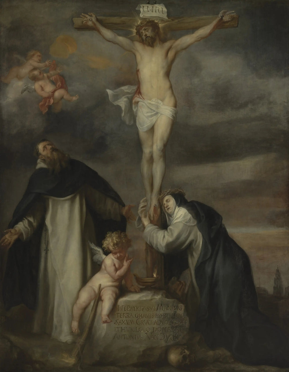 Le Christ en croix avec sainte Catherine de Sienne, saint Dominique et un ange - Antoine van Dyck image 1 copie de tableau peinte à la main