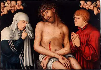 Kristus som Mannen av Smerte flankert av Jomfruen og Johannes med engler - Lucas Cranach den eldre