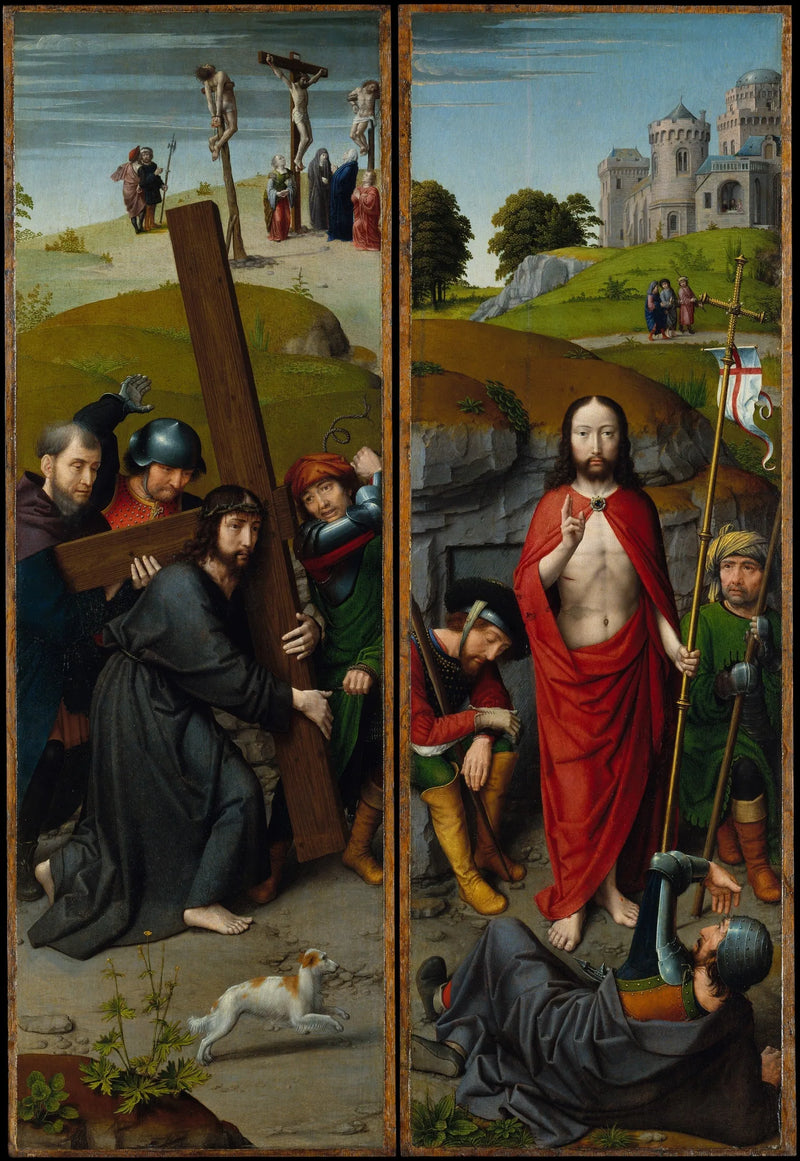 Kristus med korset, med korsfestelsen; Oppstandelsen, med Emmaus-pilgrimer - Gérard David