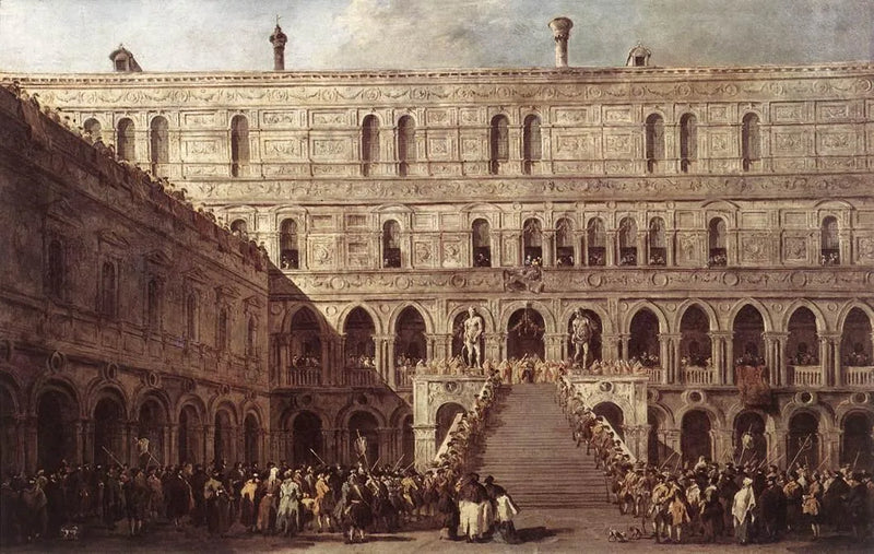 Dogen av Venezia kroning på Gigantenes trapp i Ducal-palasset i Venezia - Francesco Guardi