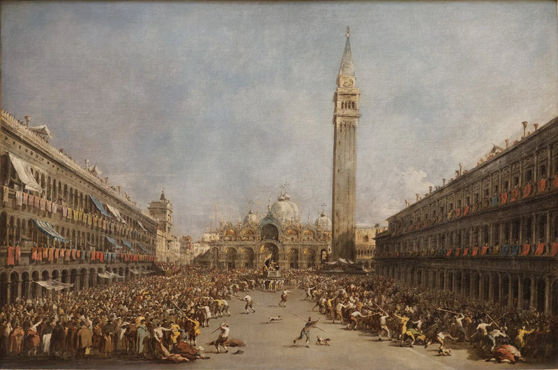Dogen av Venezia båret av gondolførerne, etter sitt valg på Markusplassen - Francesco Guardi