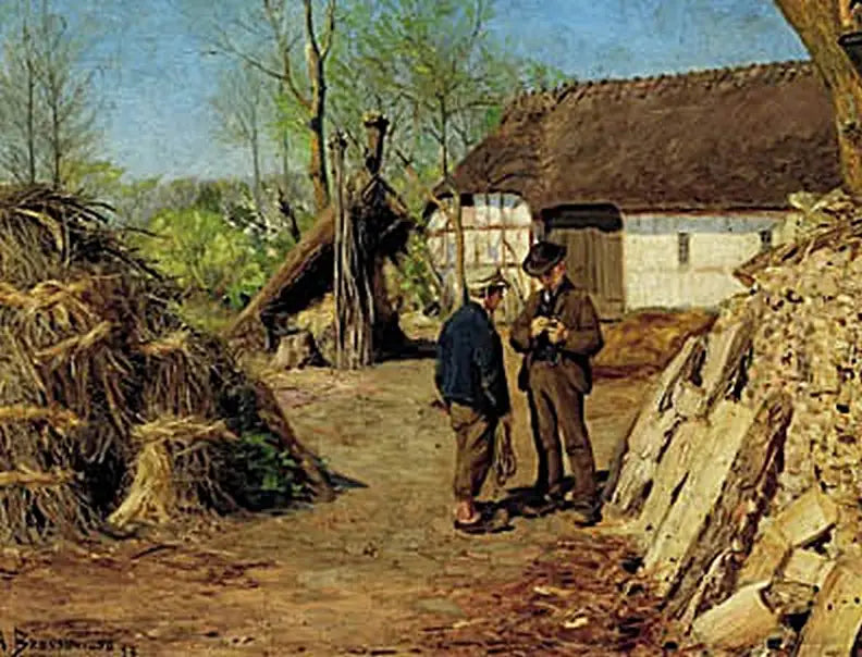 Sønn av en ung bonde snakker med en ung bonde. - H. A. Brendekilde

Source:
Le fils d'un jeune fermier parle à un jeune paysan. - H. A. Brendekilde