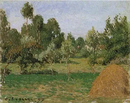 Bakgrunnen av enga i Eragny, med høyball til høyre - Camille Pissarro