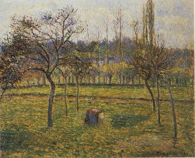 Bakgrunnen av enga i Éragny med en kvinne som plukker gress - Camille Pissarro
