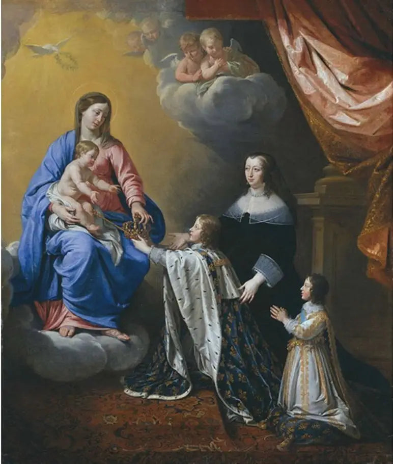 Den unge Louis XIV gir sitt kronen til Jomfruen og barnet - Philippe de Champaigne