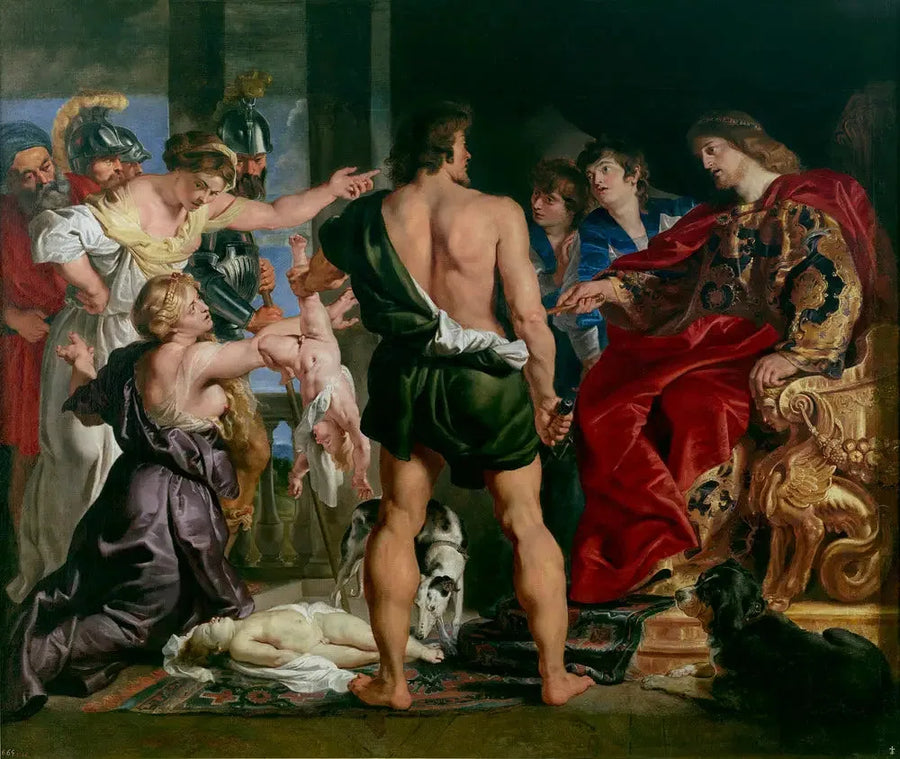 Salomos dom: Salomon avsier dom; han beordrer en soldat å dele det levende barnet i to; den ekte moren motsier seg Salomos dom (1 Kong 3:25-27) - Peter Paul Rubens