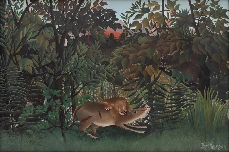 Løven, som er sulten, kaster seg over antilopen - Henri Rousseau