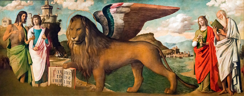 Løven fra San Marco mellom helgenene Johannes Døperen, Markus, Maria Magdalena og Hieronymus - Cima da Conegliano