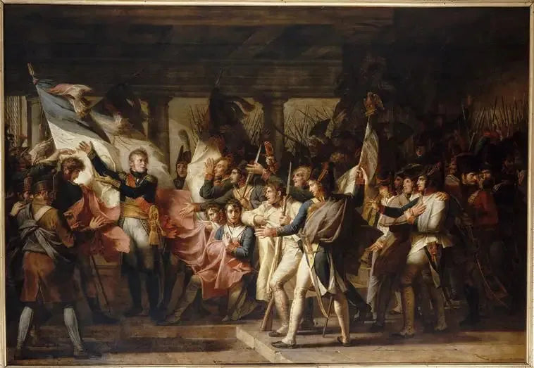 Marskalk Ney overrekker sine faner til soldatene i den 76. linjeregimentet, 7. november 1805 - Charles Meynier

Source:
Le maréchal Ney remet leurs drapeaux aux soldats du 76e régiment de ligne, 7 novembre 1805 - Charles Meynier