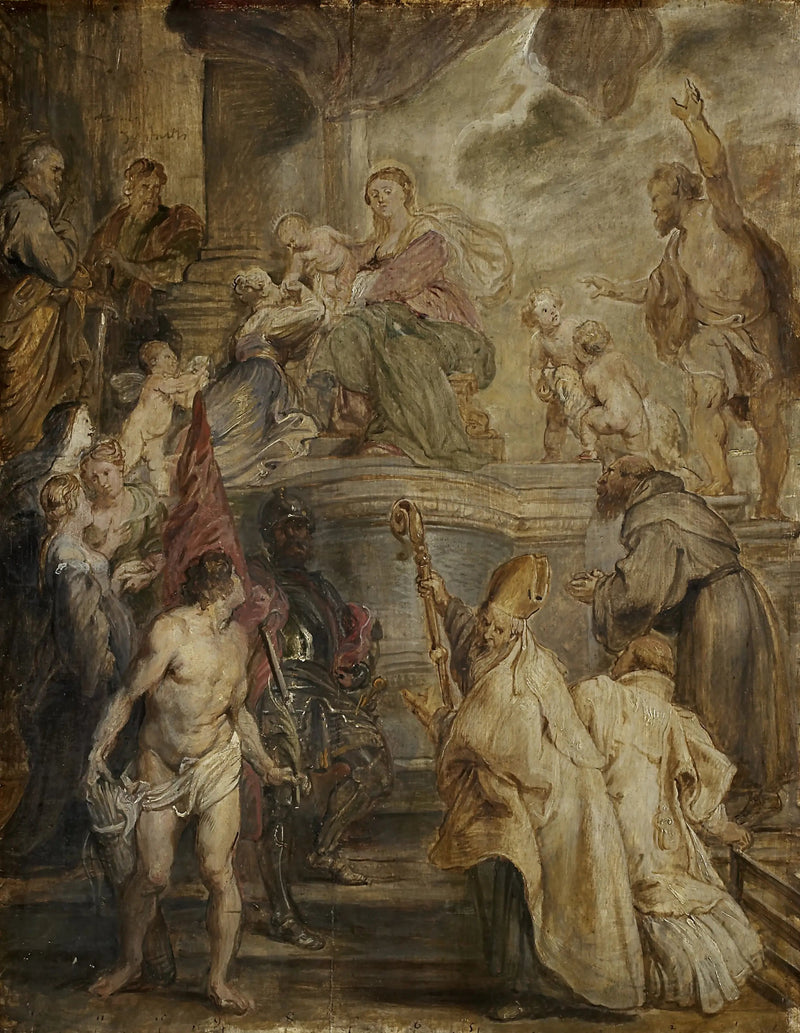 Den mystiske bryllup av helgen Catherine (fargeskisse for alteret i augustinerklosteret i Antwerpen), bakside: To kavalerikamper - Peter Paul Rubens