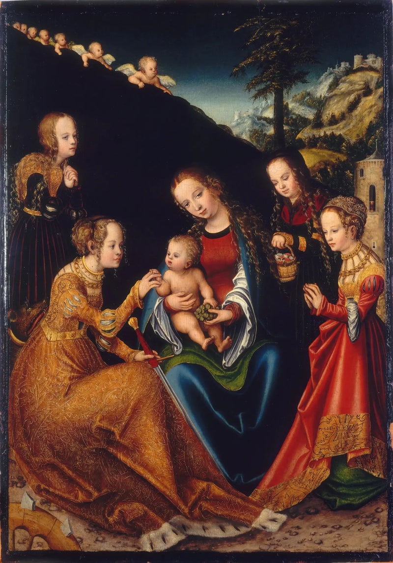 Den mystiske ekteskapen til den hellige Katarina av Alexandria med de hellige Dorothea, Margareta og Barbara - Lucas Cranach den eldre