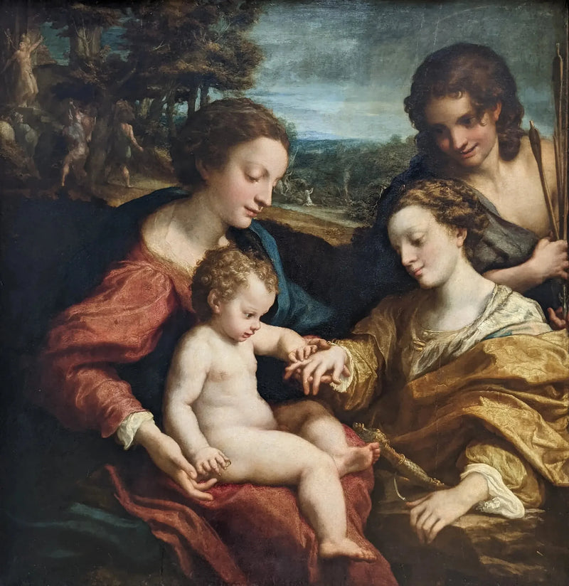 Den mystiske bryllupet til den hellige Katarina av Alexandria i nærvær av den hellige Sebastian - Antonio da Correggio