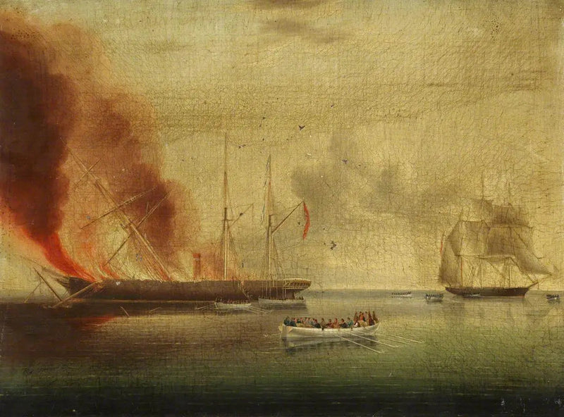 Dampskipet « Glasgow » i brann utenfor Nantucket, 31. juli 1865: passasjerer og mannskap reddet av « Rosamund » - James E. Buttersworth