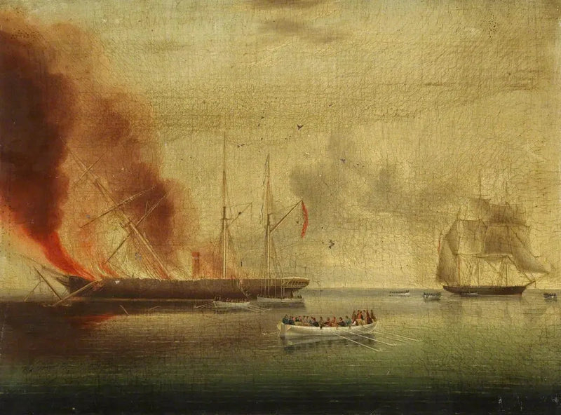 Dampskipet « Glasgow » i brann utenfor Nantucket, 31. juli 1865: passasjerer og mannskap reddet av « Rosamund » - James E. Buttersworth