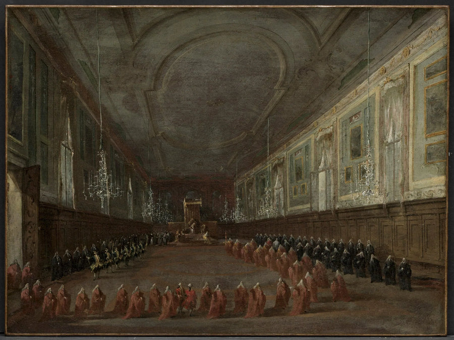 Pave Pius VI avstår fra tronen for å ta avskjed med dogen i salene til Saint Jean og Paul, 1782 - Francesco Guardi