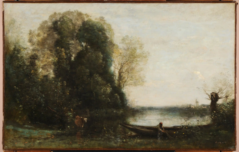Fiskeren i båten ved bredden - Jean-Baptiste Camille Corot