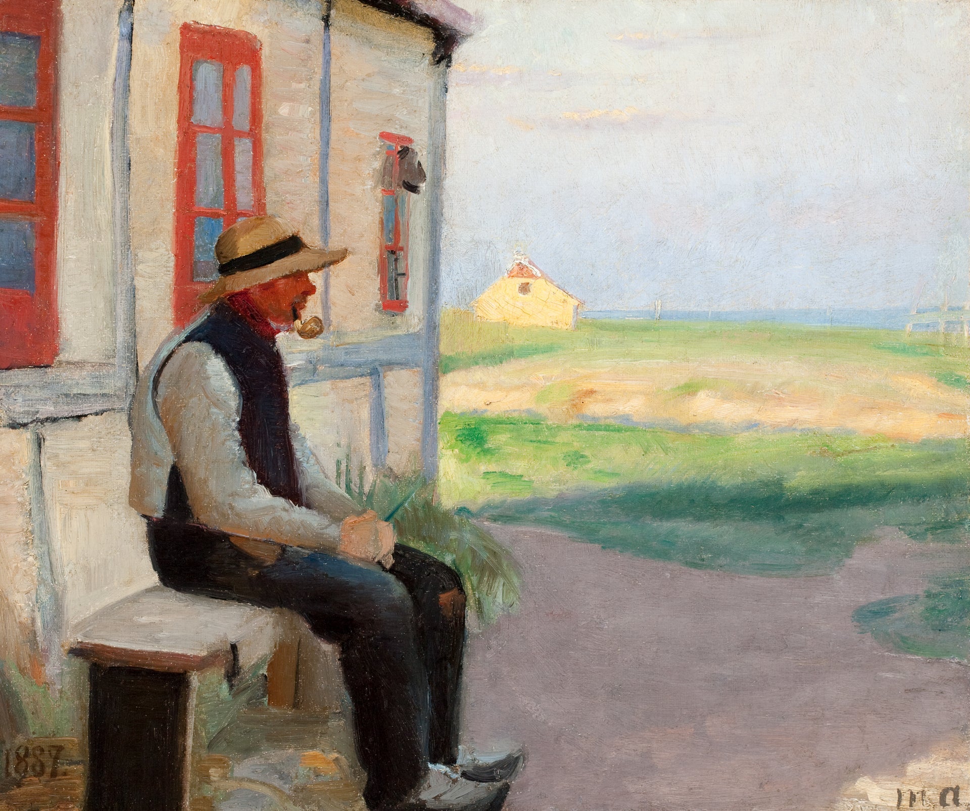 Le pêcheur Niels Gaihede devant sa maison à Skagen Østerby. - Michael Peter Ancher image 1 reproduction de peinture à l’huile