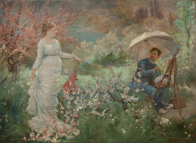 Maleren og hans modell i en blomstrende hage - Marie Bracquemond