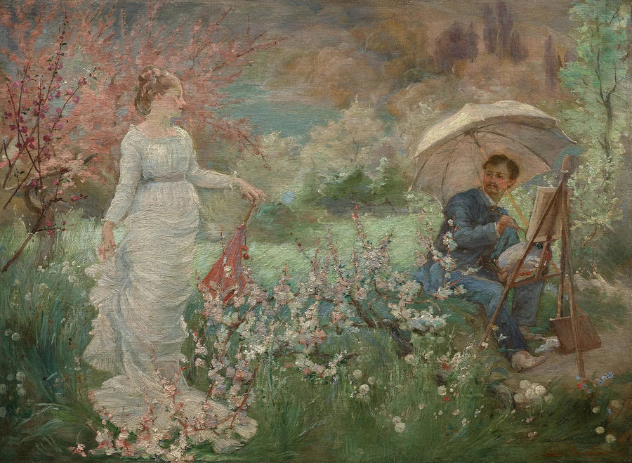 Maleren og hans modell i en blomstrende hage - Marie Bracquemond