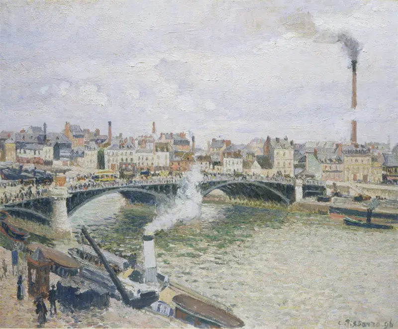 Broen Boieldieu i Rouen, morgen, vått vær - Camille Pissarro