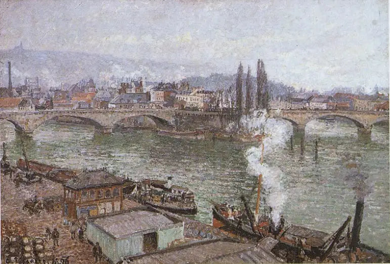 Steinbroen i Rouen, grått vær - Camille Pissarro