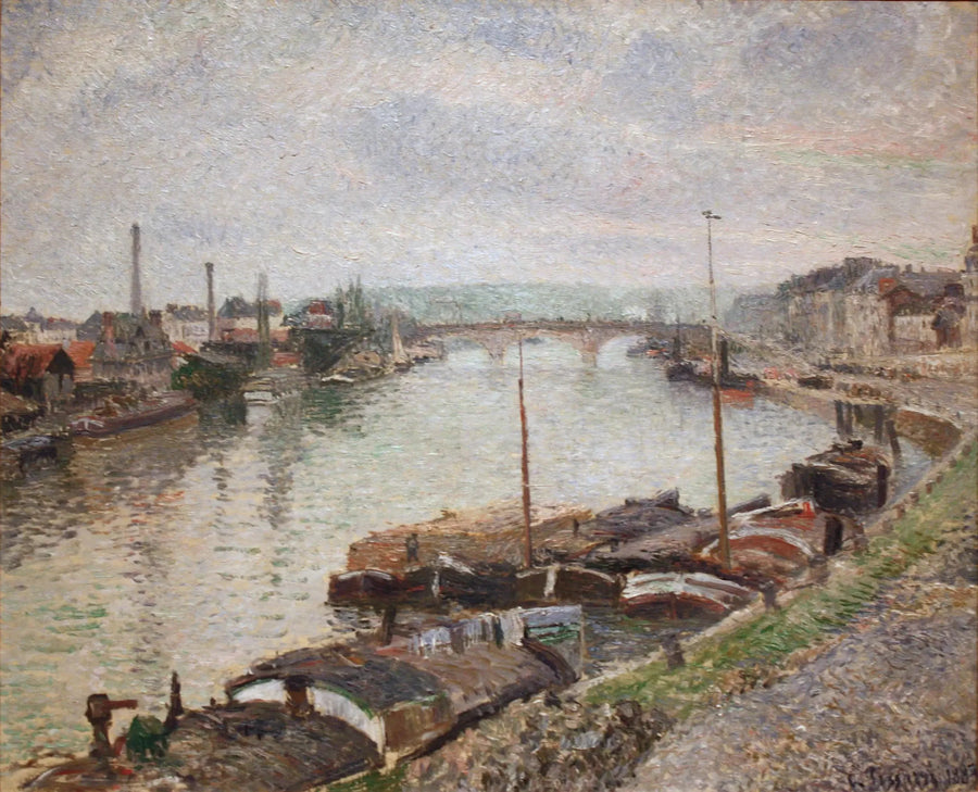Steinbroen og prammene i Rouen - Camille Pissarro