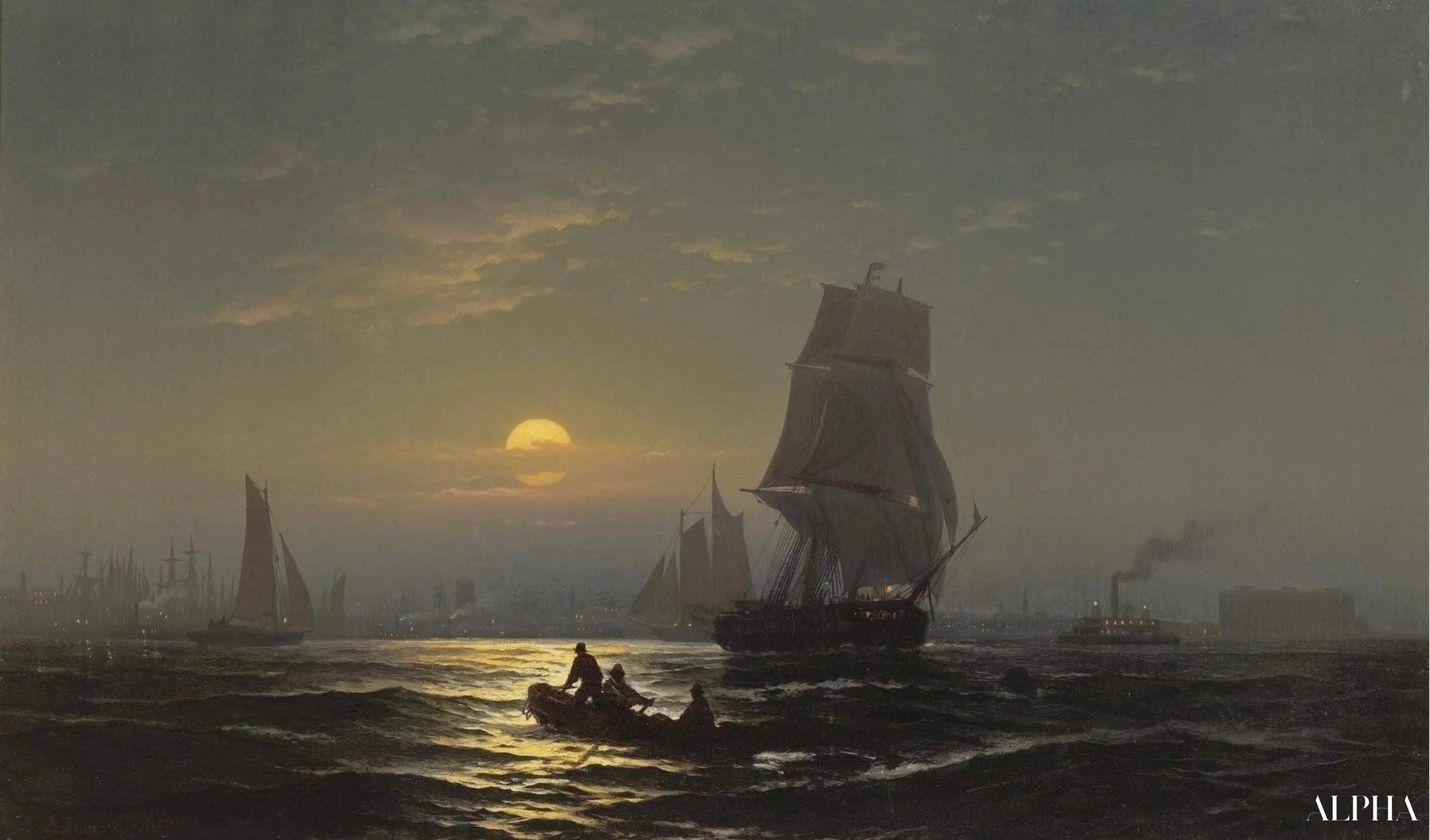 New York havn i måneskinn - Edward Moran - Høykvalitets reproduksjoner av malerier og bilder