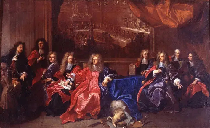 Byfogden og bystyremedlemmene i Paris som drøfter en fest til ære for Louis XIVs middag på rådhuset etter hans helbredelse i 1689 - Hyacinthe Rigaud