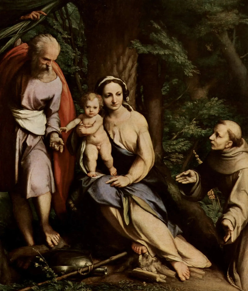 Hvile under flukten til Egypt med Saint François - Antonio da Correggio