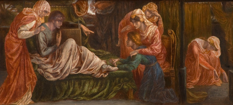 Dantes drøm på dødsdagen til Beatrice (forgrunn, høyre panel) - Dante Gabriel Rossetti
