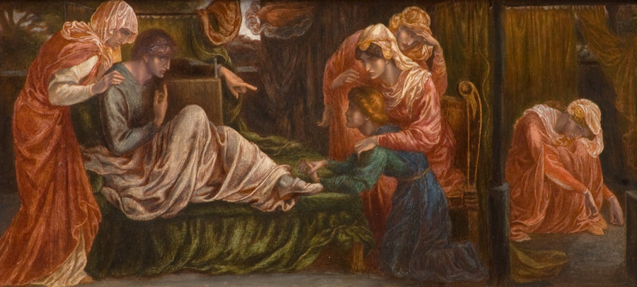 Dantes drøm på dødsdagen til Beatrice (forgrunn, høyre panel) - Dante Gabriel Rossetti