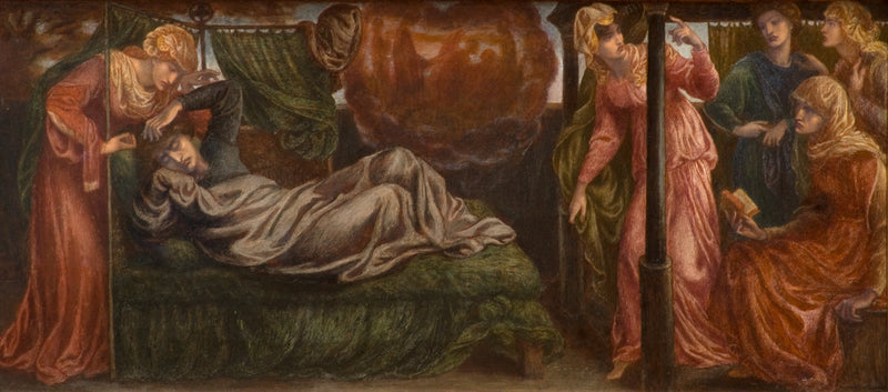 Dantes drøm på dødsdagen til Beatrice (forgrunn, venstre panel) - Dante Gabriel Rossetti