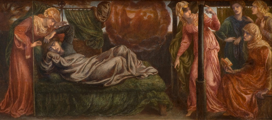 Dantes drøm på dødsdagen til Beatrice (forgrunn, venstre panel) - Dante Gabriel Rossetti