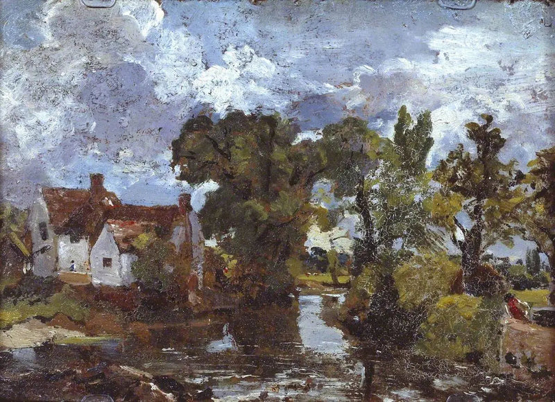 Elva ved mølledammen. Bakside: Nattlig scene med bro - John Constable