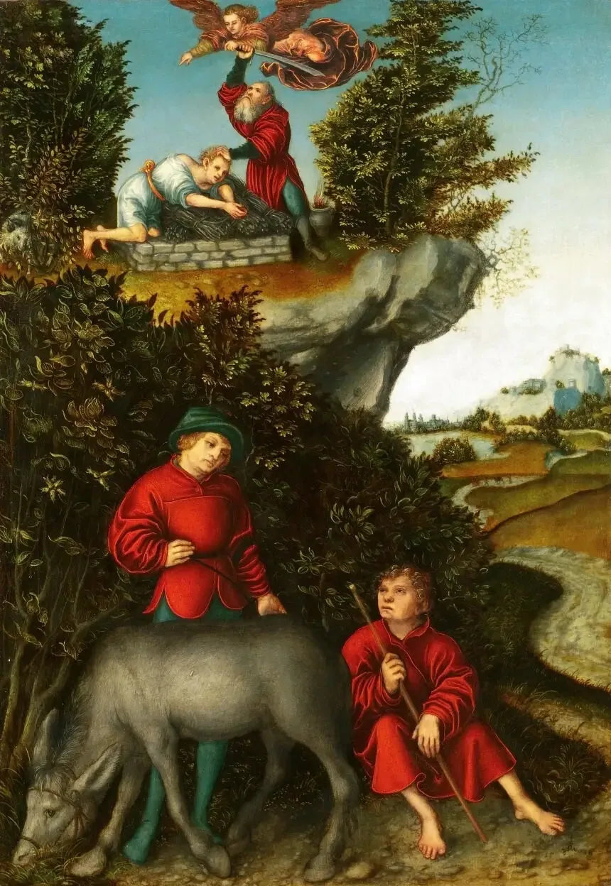 Abrahams ofring: En engel forhindrer Abraham i å ofre Isak; tjenerne venter ved foten av fjellet (Første Mosebok 22:10-12) - Lucas Cranach den eldre