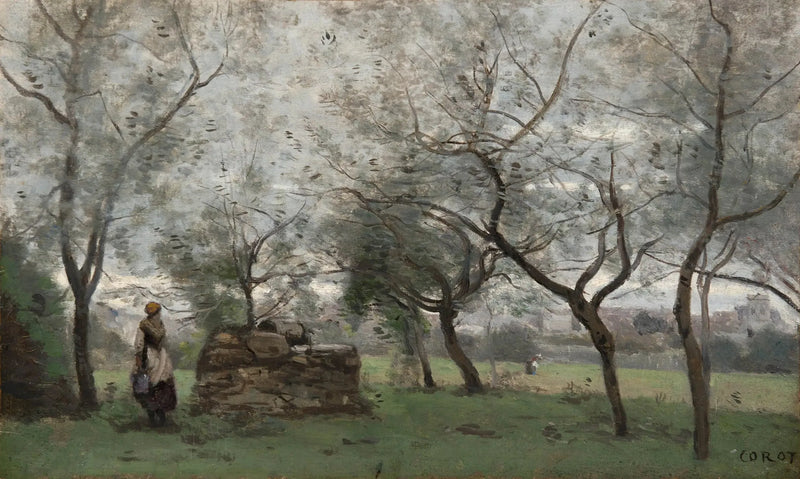 Frukthagen, omgivelser rundt Mantes - Jean-Baptiste Camille Corot