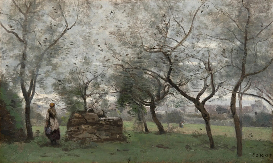 Frukthagen, omgivelser rundt Mantes - Jean-Baptiste Camille Corot