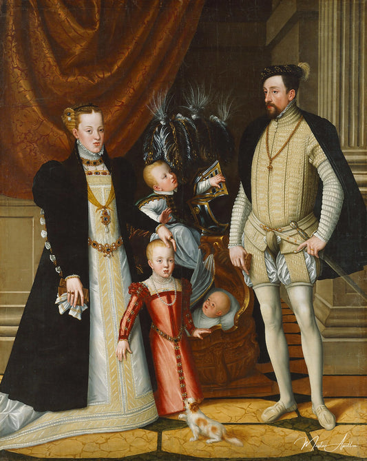 L'empereur romain maximilien ii. d'autriche et son épouse l'infante maria d'espagne avec leurs enfants - Arcimboldo - Reproductions de tableaux et peintures haut de gamme