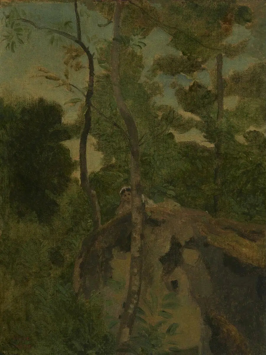 Les Alinges. Jeune fille couchée sur un rocher sous les arbres - Jean-Baptiste Camille Corot - Alpha Reproduction