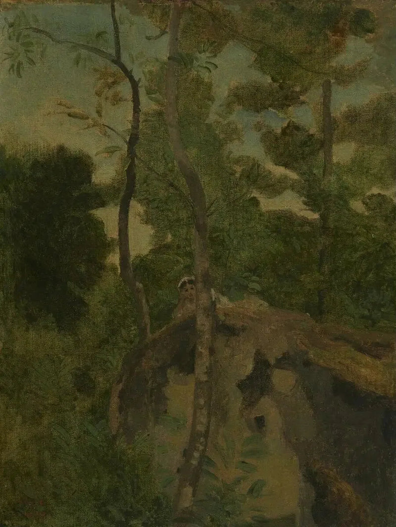 Les Alinges. Ung jente liggende på en klippe under trærne - Jean-Baptiste Camille Corot