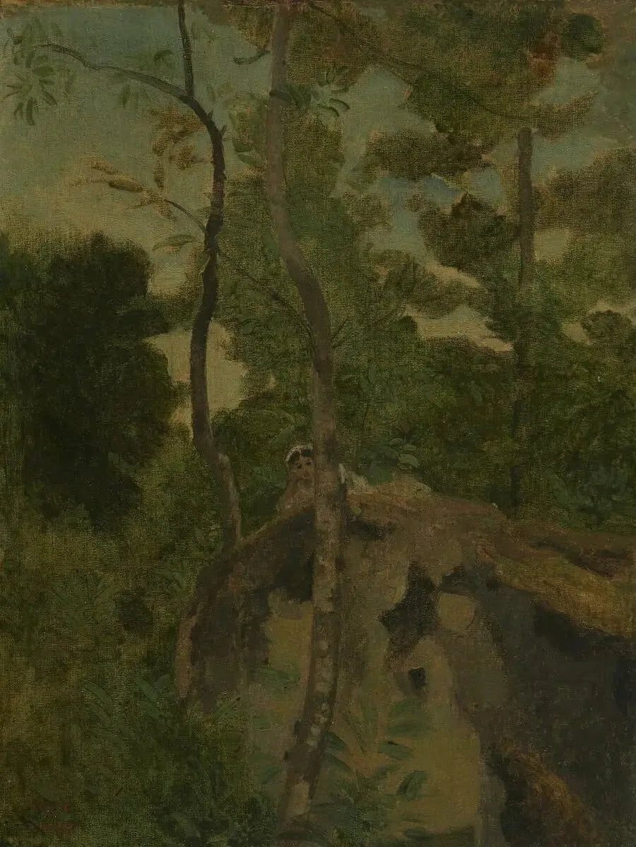 Les Alinges. Ung jente liggende på en klippe under trærne - Jean-Baptiste Camille Corot