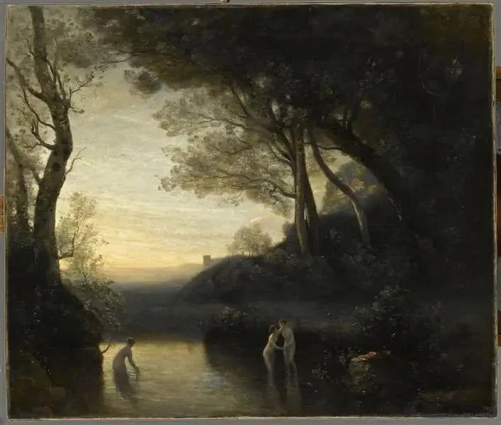 De badende i Bellinzona. Kveldseffekt - Jean-Baptiste Camille Corot