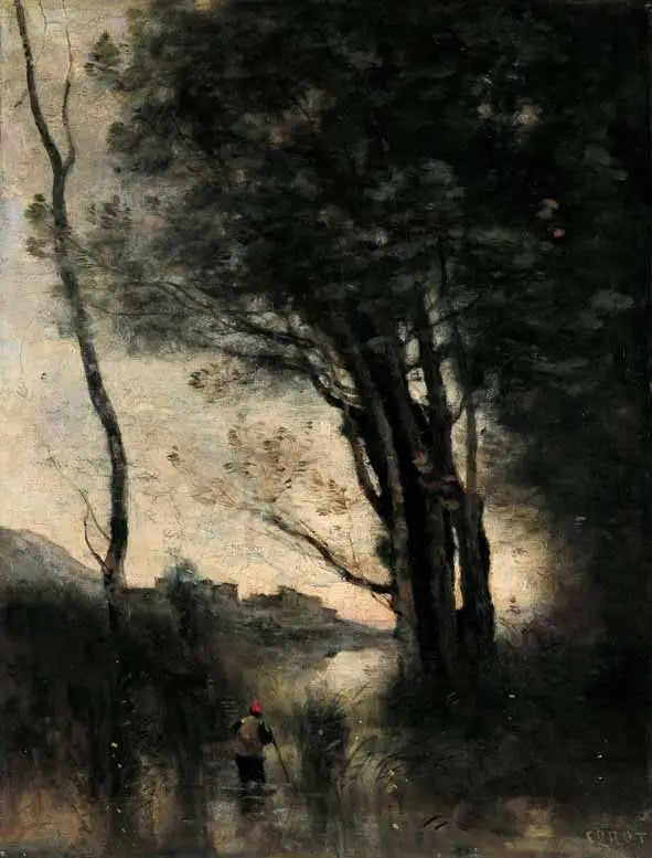 De geitebønder som krysser en elv ved vannskille. Minne fra Italia - Jean-Baptiste Camille Corot