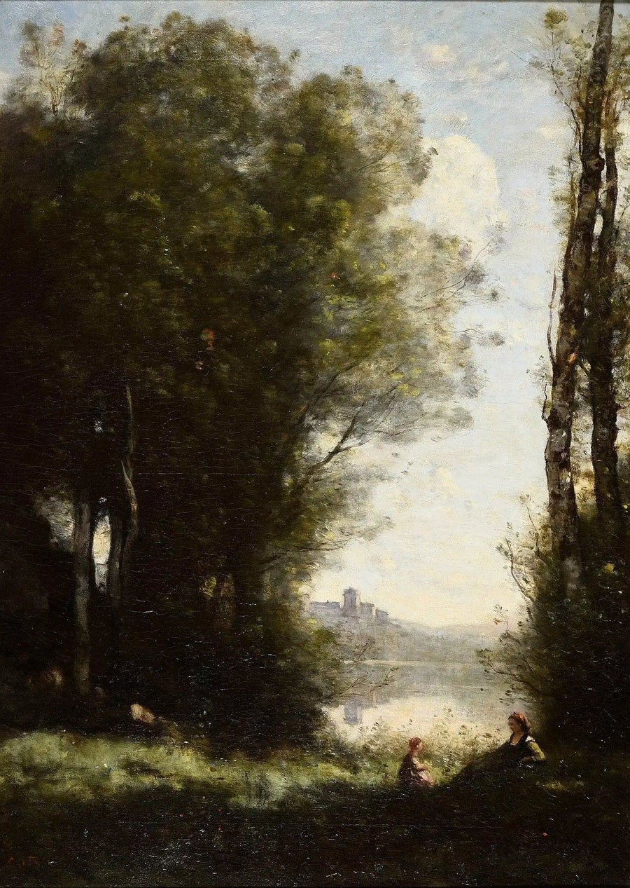 De to søstrene under trærne ved bredden av innsjøen - Jean-Baptiste Camille Corot