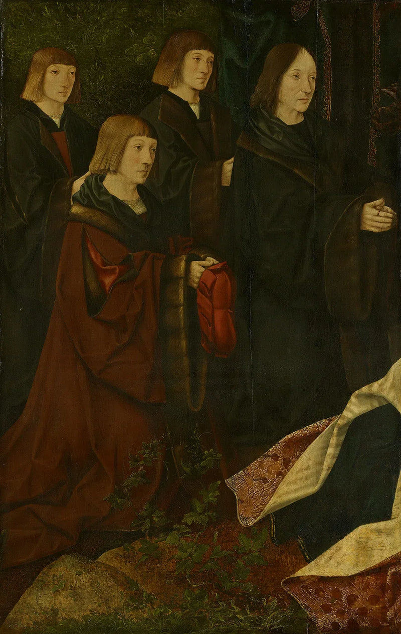 Donorene Korsgen Elbertzen og hans sønner Dirck og Albert er til venstre, med giverne til høyre. - Jacob Cornelisz van Oostsanen